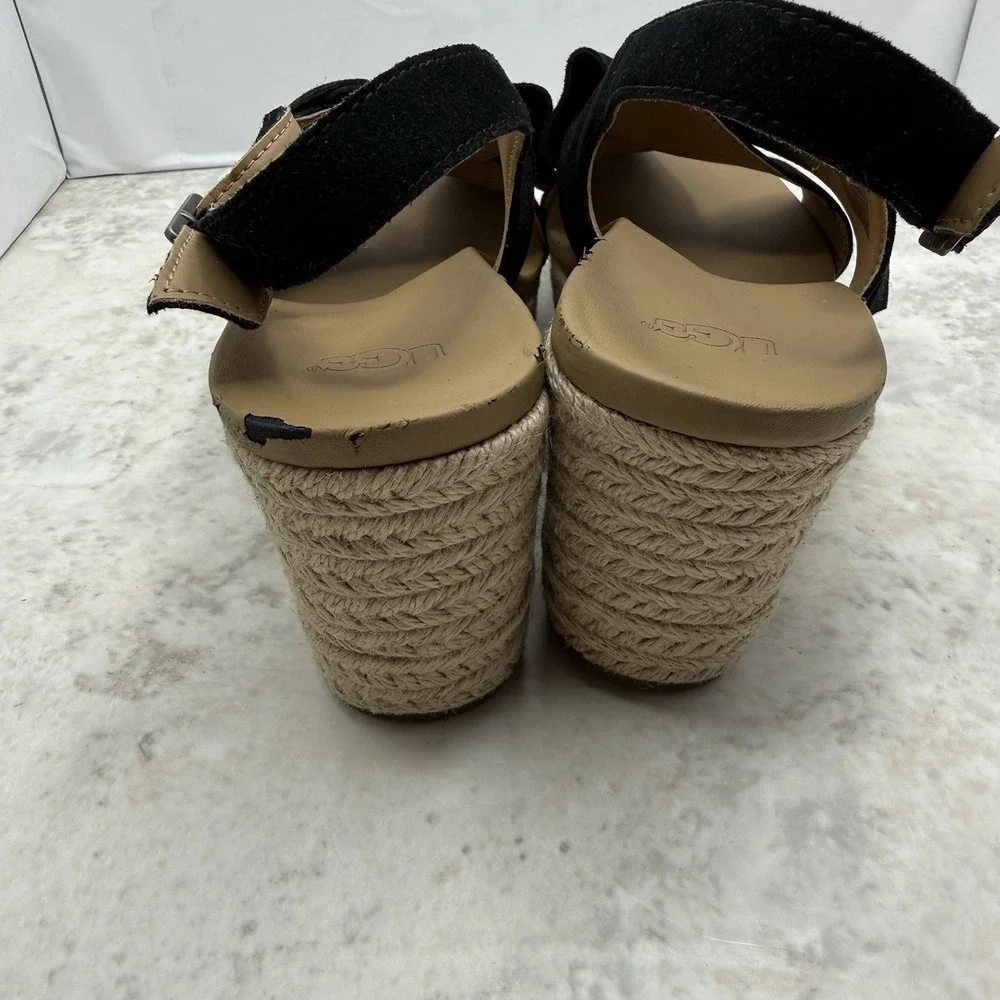 UGG Camilla Women's Size 7 Black Suede Bow Espadrille Wedge Sandals Slingback